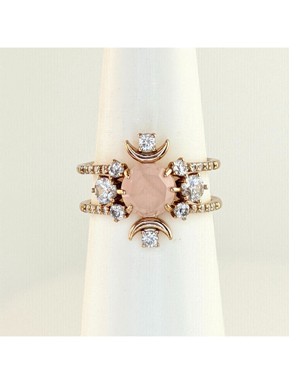Bomb Party Retro RBP4146 Ring Sz 9 "Ice Princess" Genuine Rose Quartz HTF Moons